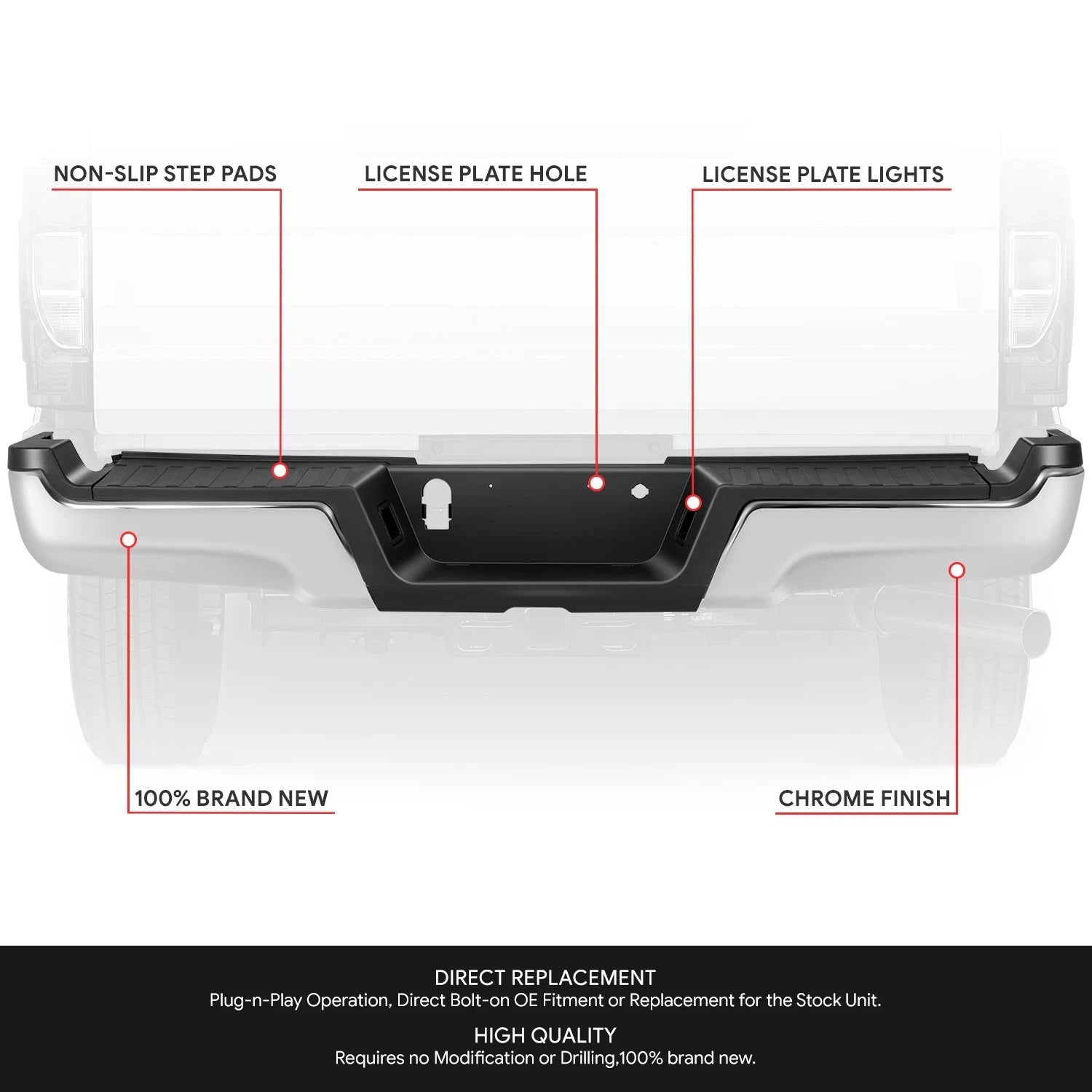 Chrome Rear Bumper with License Light for Ford F-250 SD (2017–2022)