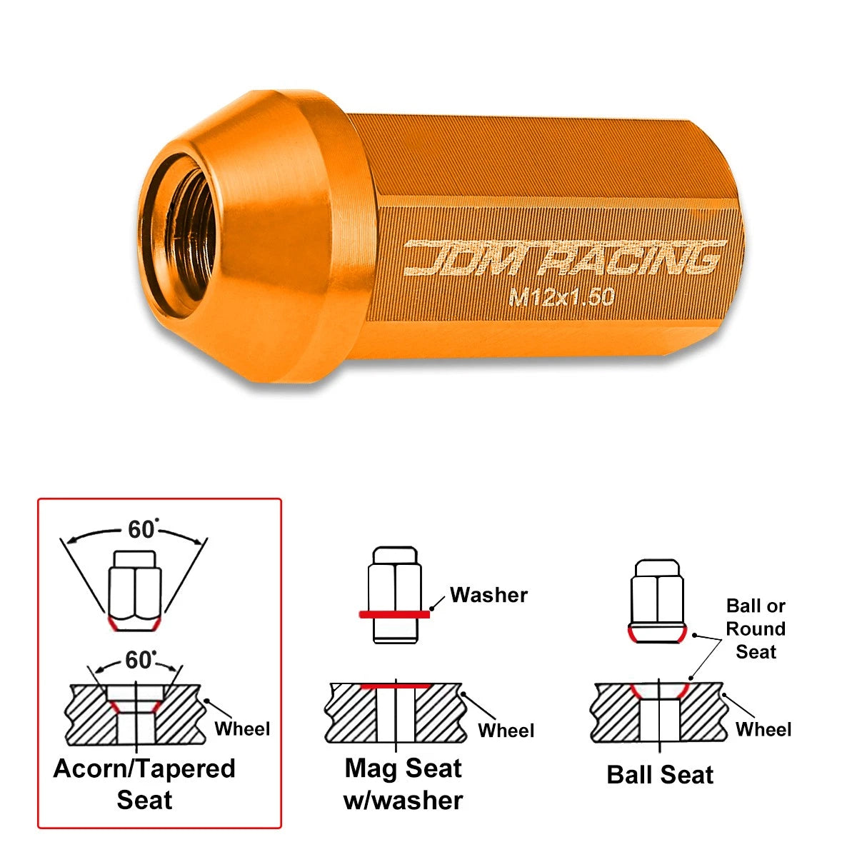 20Pc M12X1.5 Orange JDM Closed End Aluminum Wheel Lug Nuts + Extension 25mmx50mm