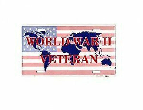 Metal License Plate for WWII Veteran with American Flag 6 x 12