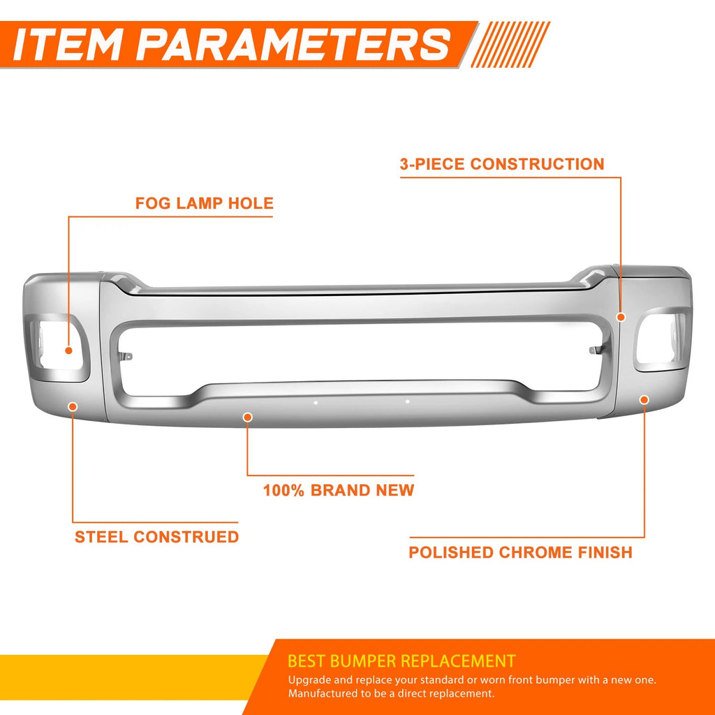 Polished Front Bumper Face Bar w/Park Sensor Hole Chrome for Ram 2500 3500 (2019–2026)