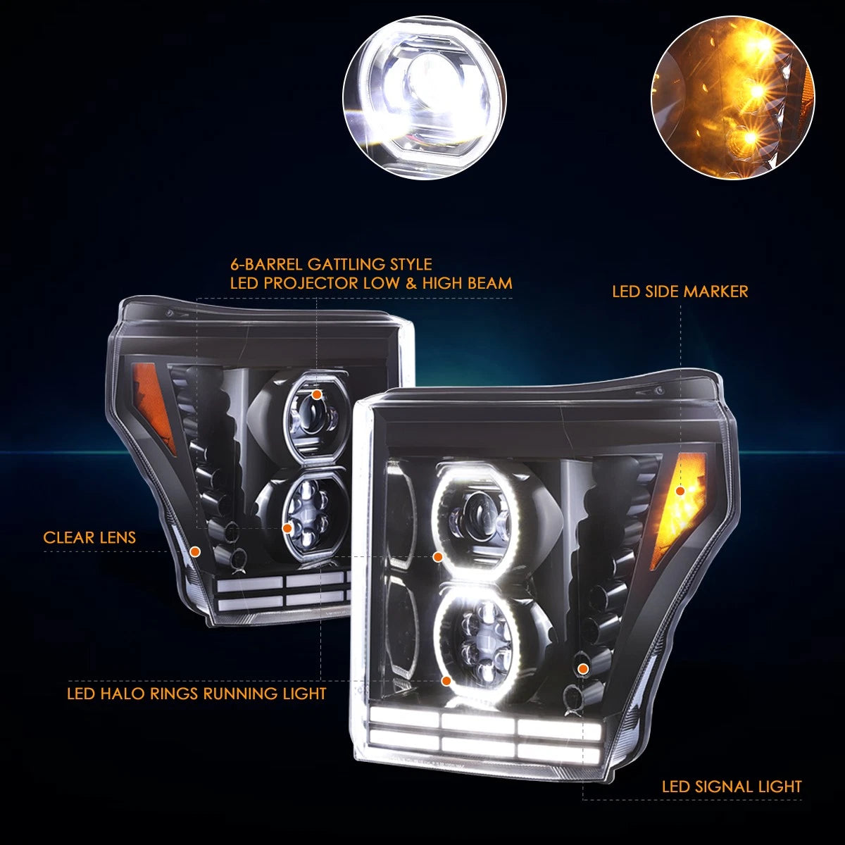 LED Halo Ring DRL Sequential Signal Projector Headlights for Ford F250 SD (2011–2016)