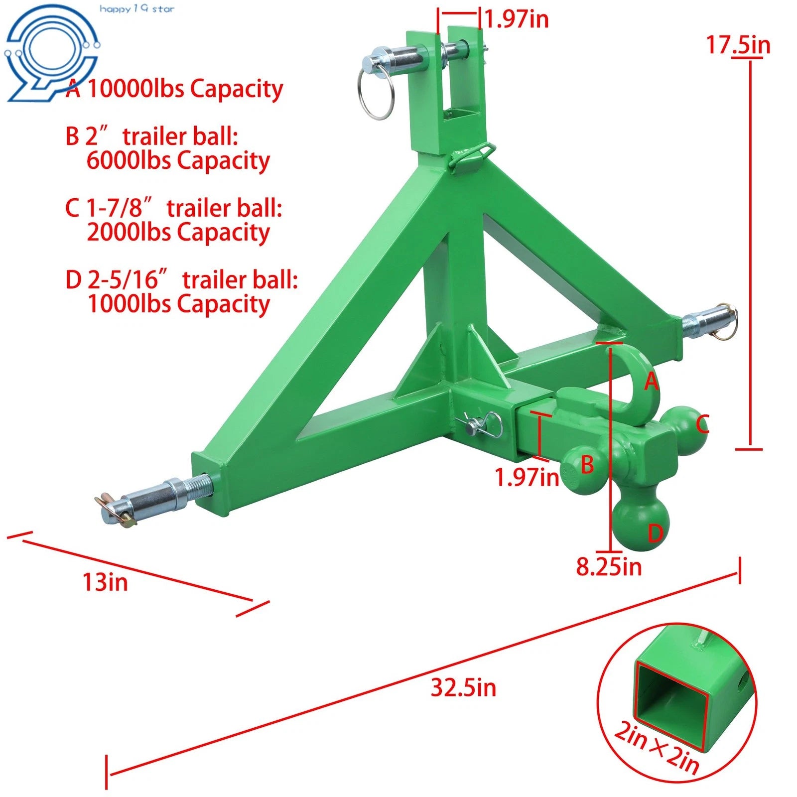 3 Point Trailer Hitch for Tractor (Receiver & Towing Ball)