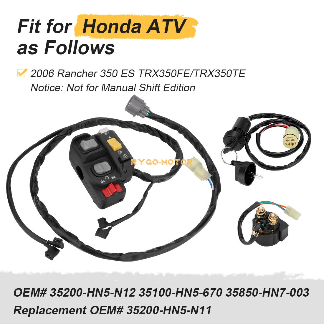 Handlebar Switch & Starter Relay Key Switch Kit for Honda TRX350 Rancher (2006)