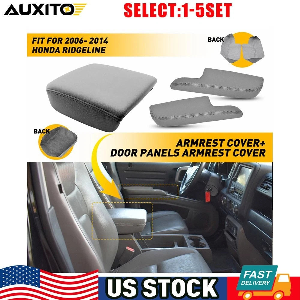 Gray Leather Console Lid & Door Armrest Covers for Honda Ridgeline (2006–2014)