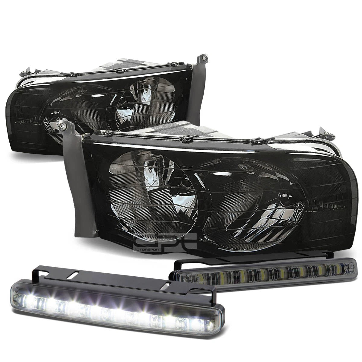 Set of 4 Smoked Housing Headlight, Signal Lamp, LED Fog Light for Ram (2002–2005)
