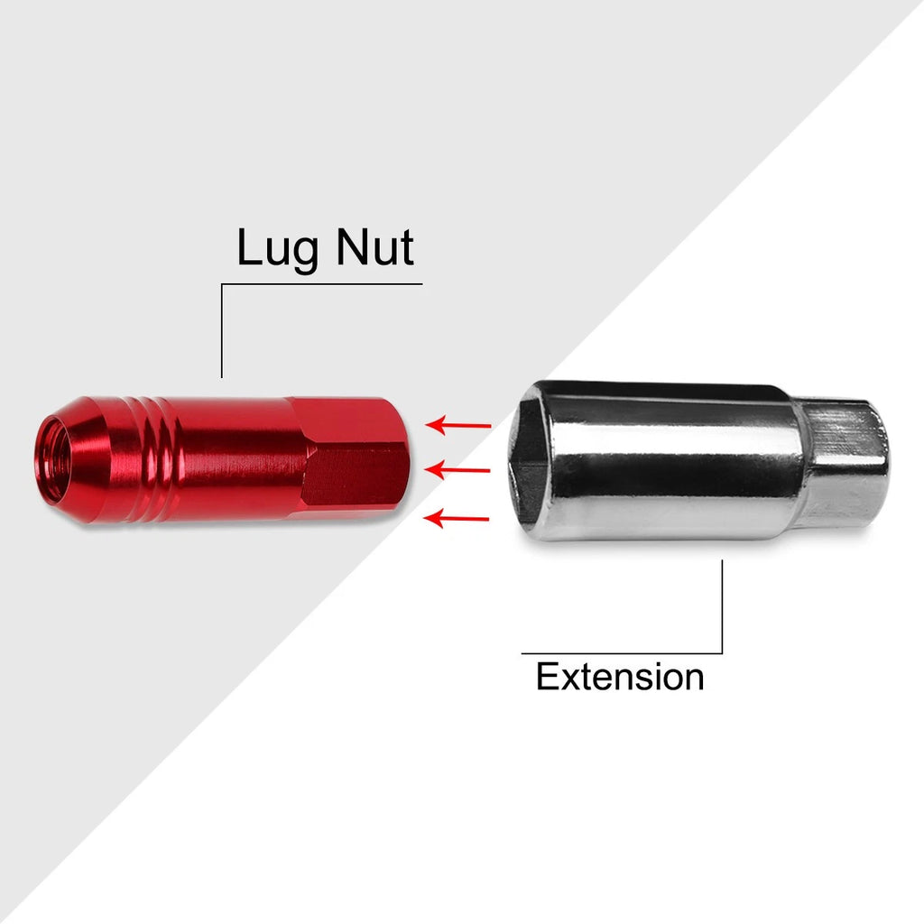 Set of 20 M12X1.25 Red JDM Open End Conical Hex Wheel Lug Nuts + Extension 20mm