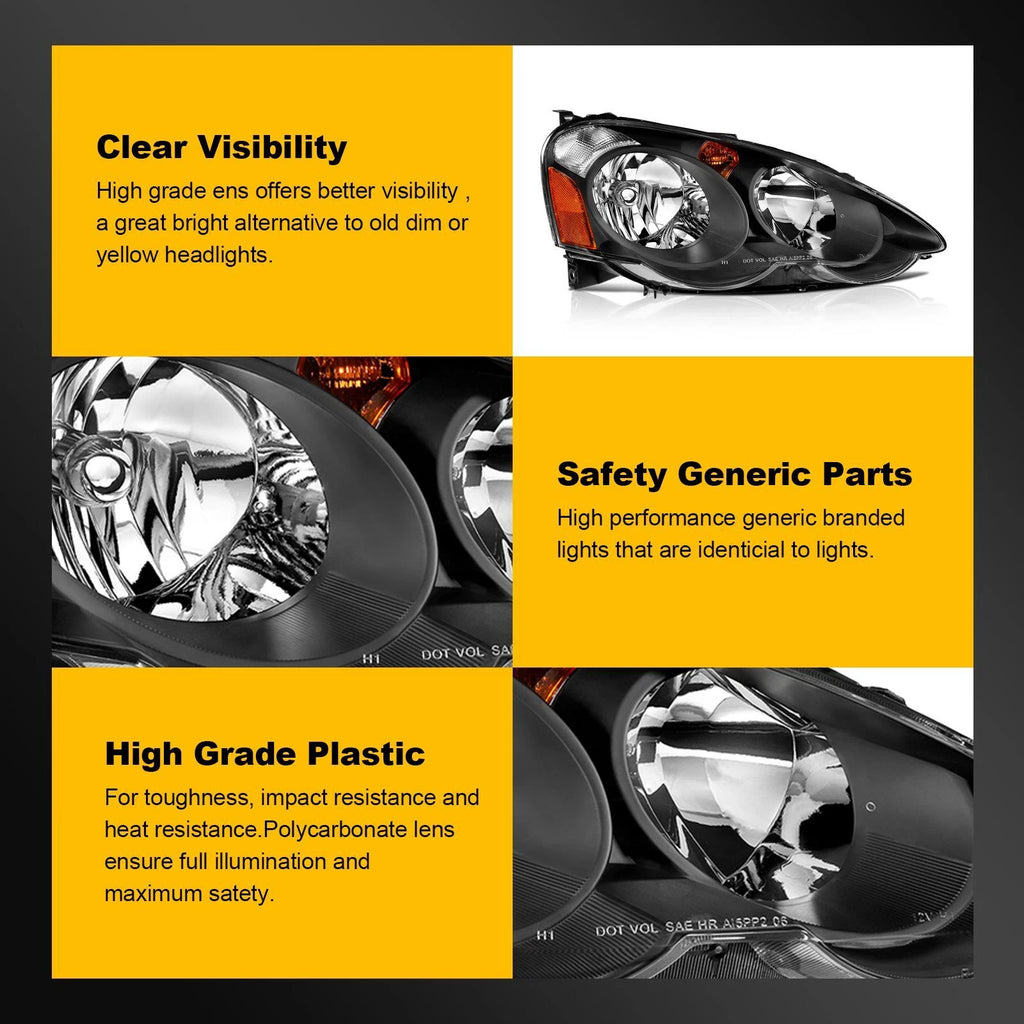 Headlight Assembly for Acura RSX (2002–2004) Black Amber Left+Right Pair