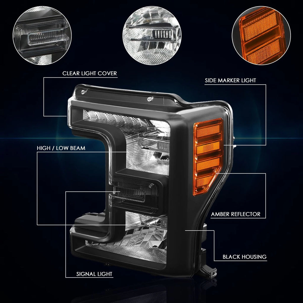 Headlight Replacement for Ford Super Duty (2017–2019) Black Housing Amber Corner