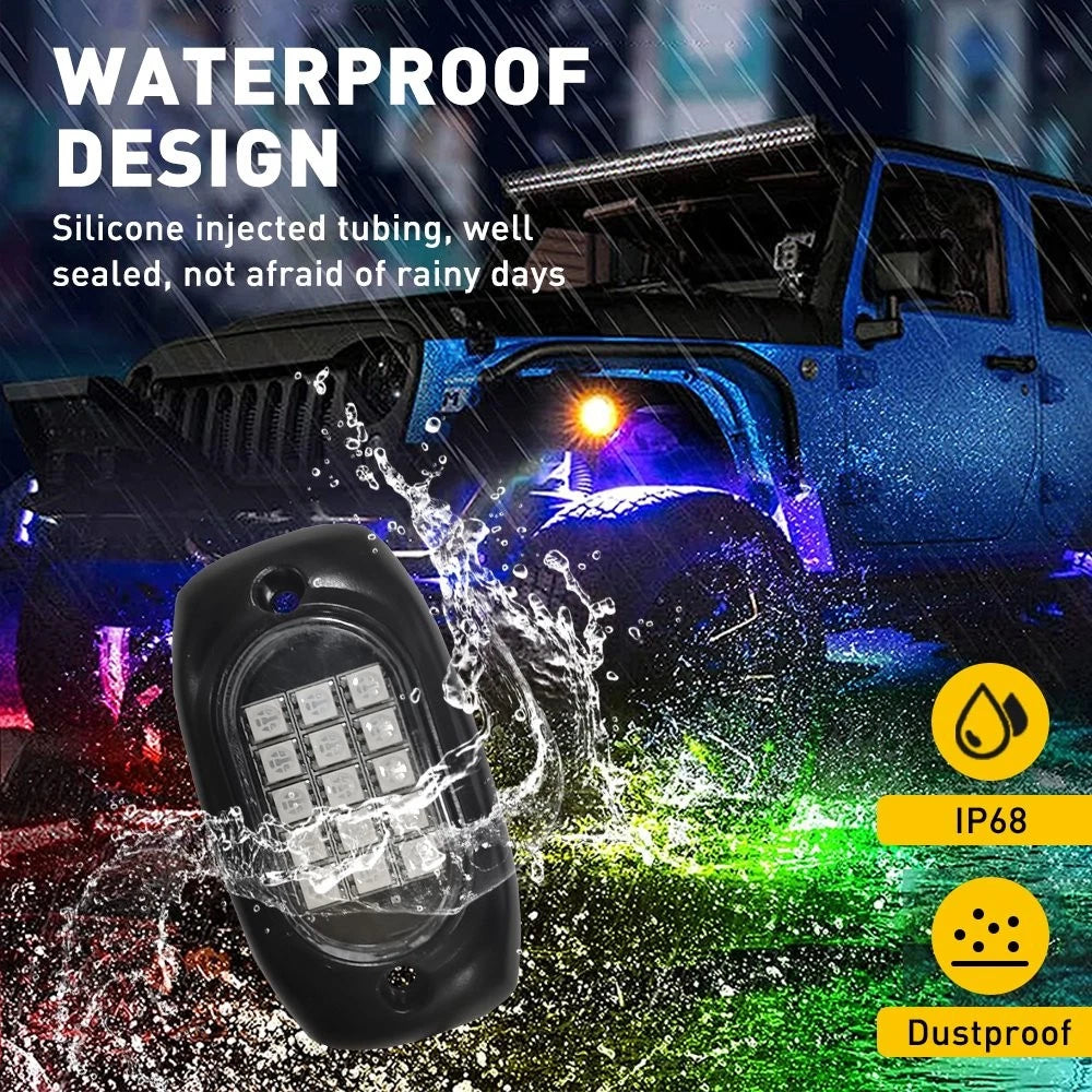 RGB LED Rock Lights for Offroad Vehicles (Bluetooth, Wireless)