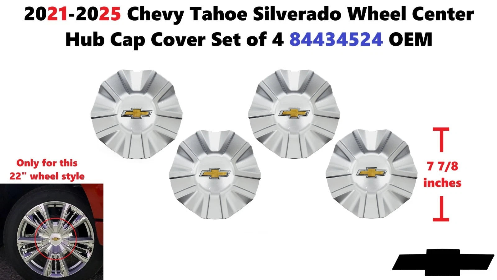 Set of 4 Wheel Center Hub Cap Covers for Chevy Tahoe Silverado (2021–2025) 84434524