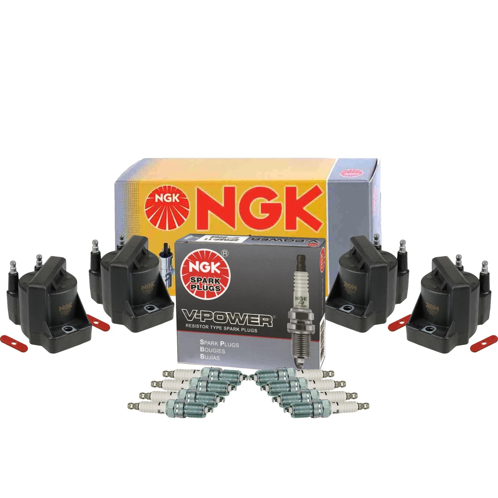 Set of 4 NGK Ignition Coils & 8 V-Power Spark Plugs for Chevy Corvette ZR-1 (1990–1995)