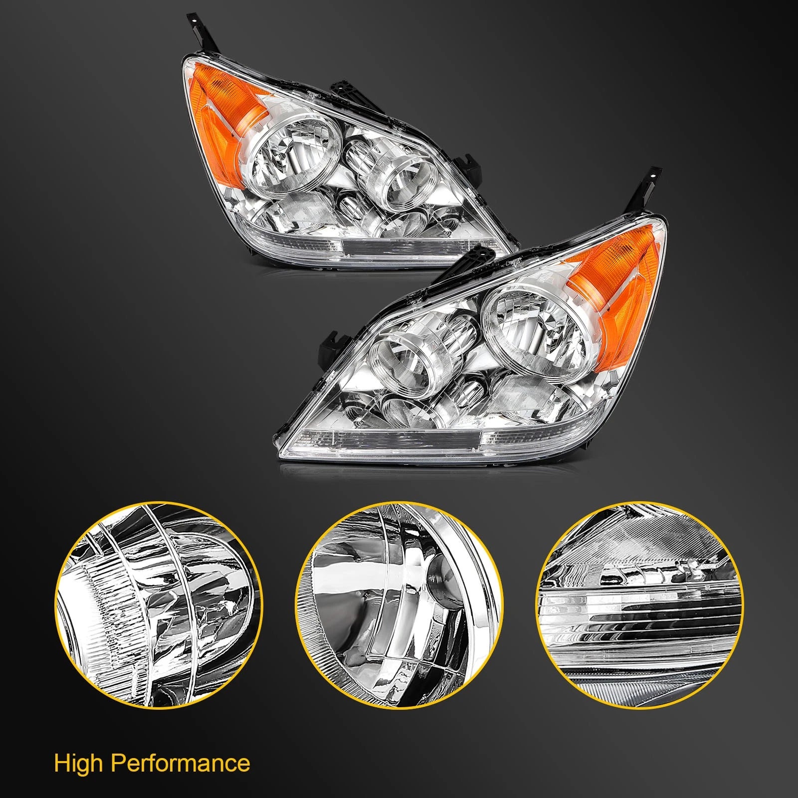 Set of 2 Headlight Assemblies for Honda Odyssey (2005–2007) Chrome Amber