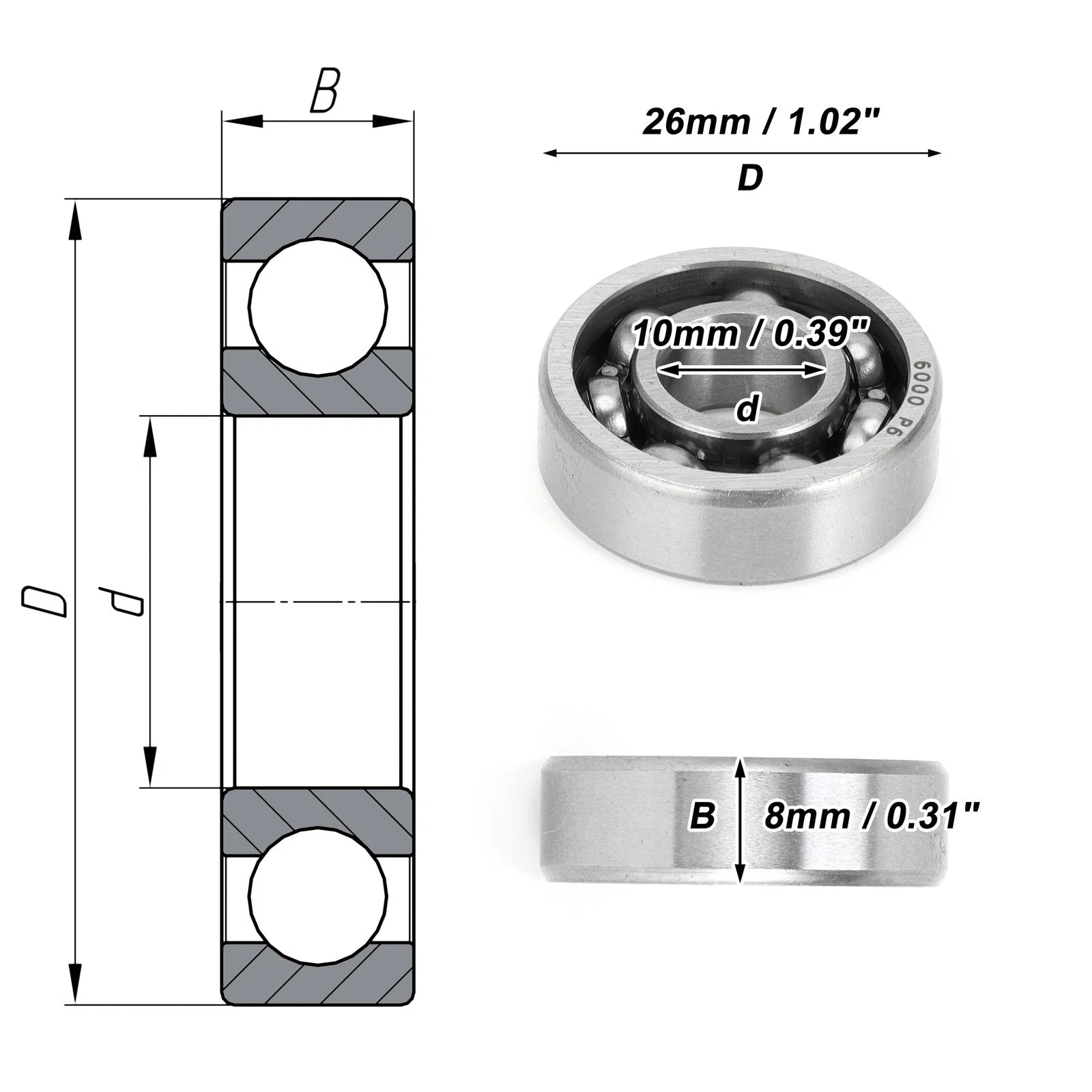 Deep Groove Ball Bearing 10x26x8mm for Scooter Skateboard (6000)