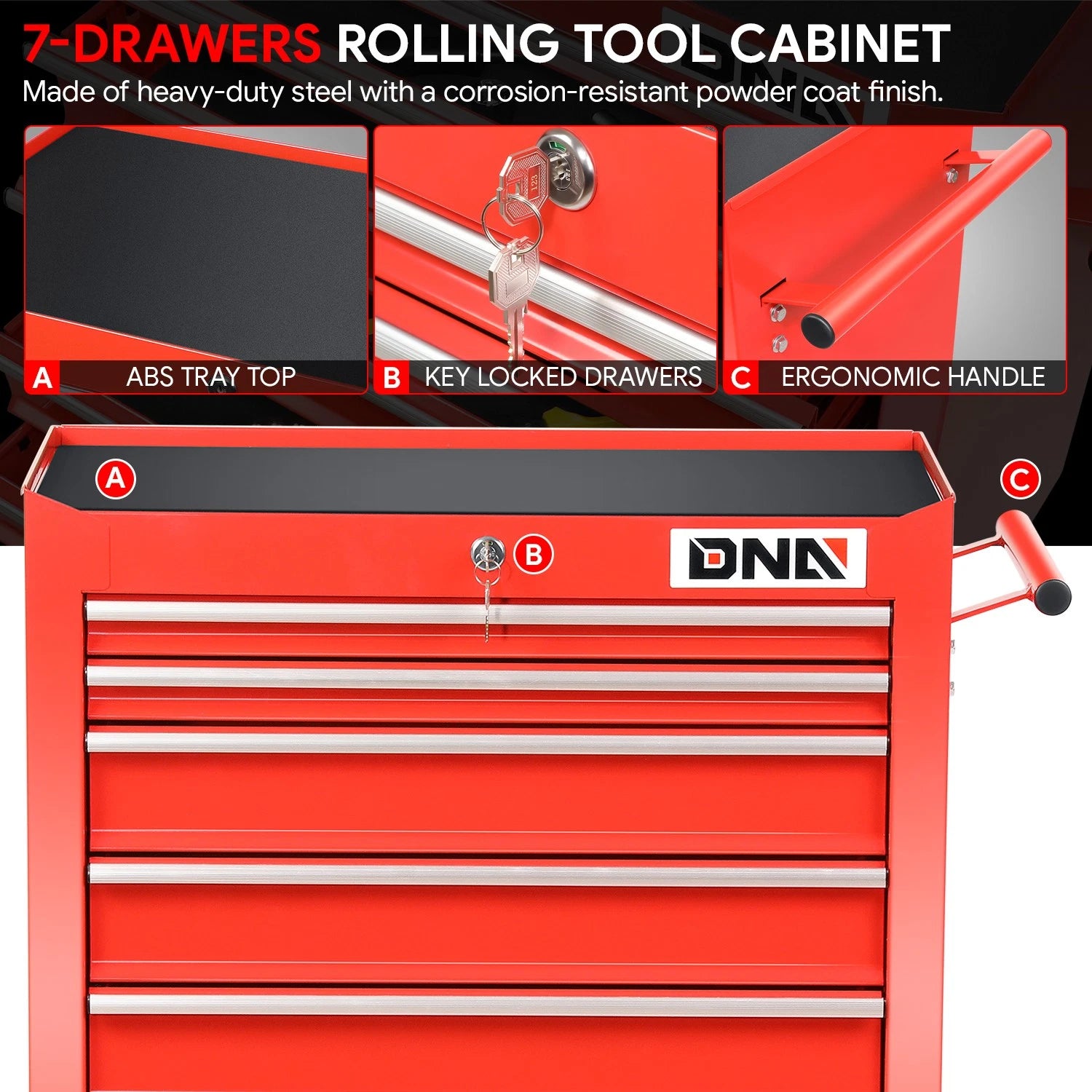 Roller Cabinet with 7 Lockable Drawers for Universal Use (27.55" X 13" X 30.31")