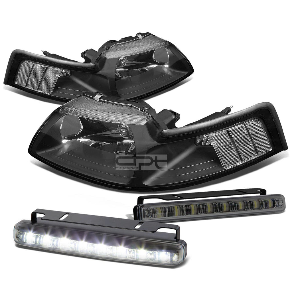 Black Housing Headlights + Clear Corners + Smoked LED Fog Light Kit for Ford Mustang (1999–2004)