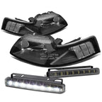 Black Housing Headlights + Clear Corners + Smoked LED Fog Light Kit for Ford Mustang (1999–2004)