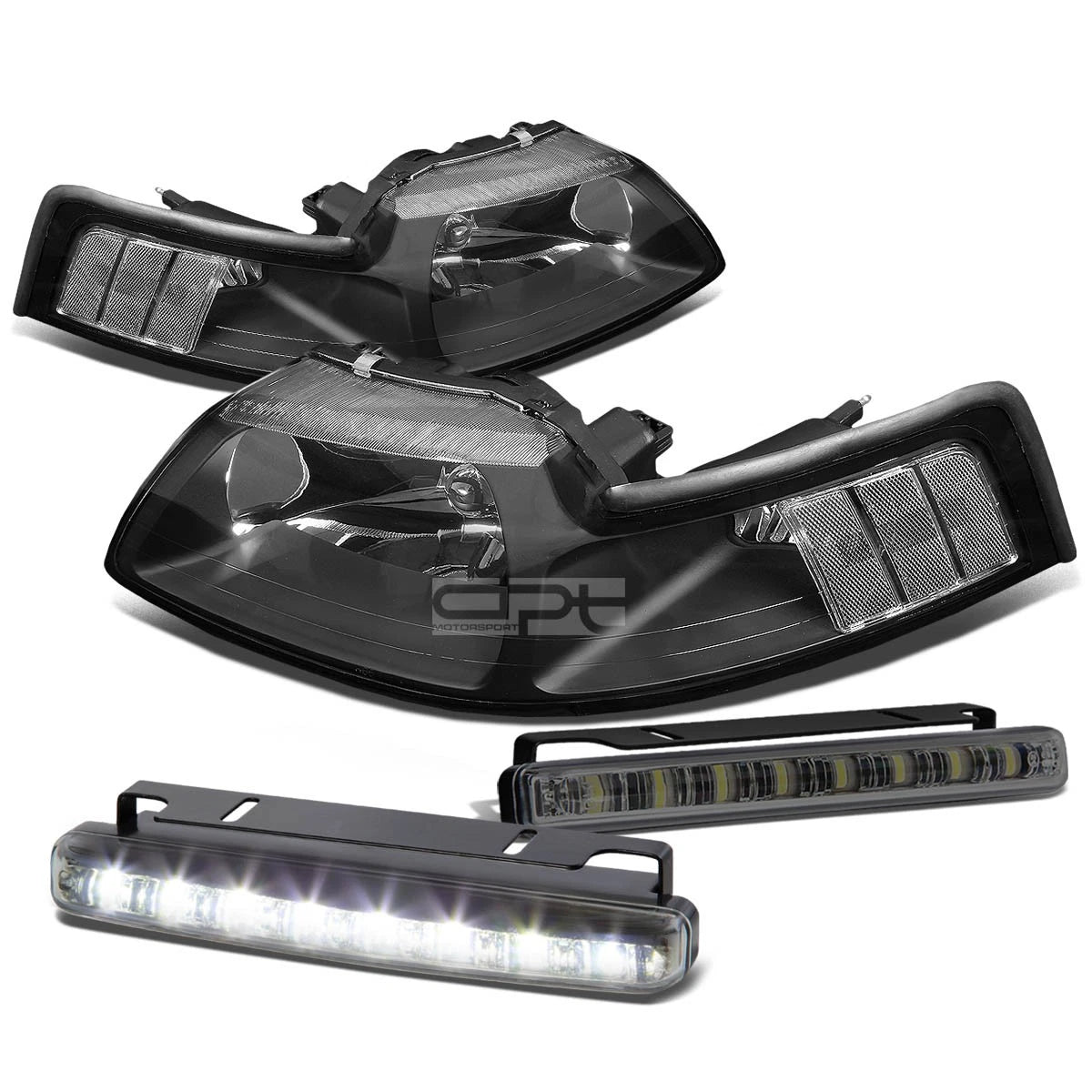 Black Housing Headlights + Clear Corners + Smoked LED Fog Light Kit for Ford Mustang (1999–2004)