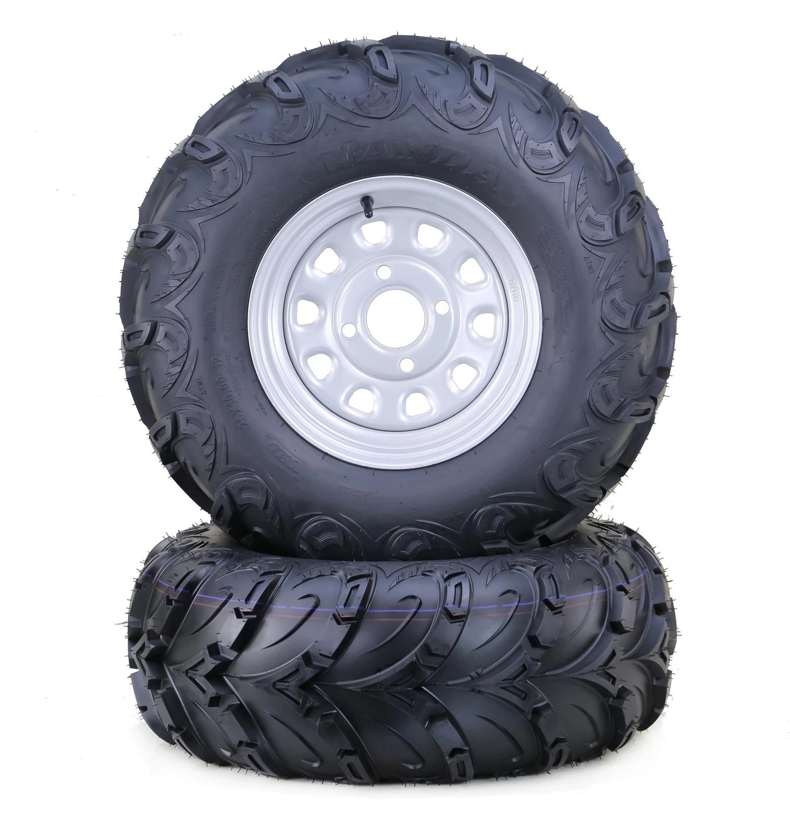 Set of 2 WANDA ATV Tires 24x10-12 Mud Sling 4-110 PCD 5+2 Silver Wheel