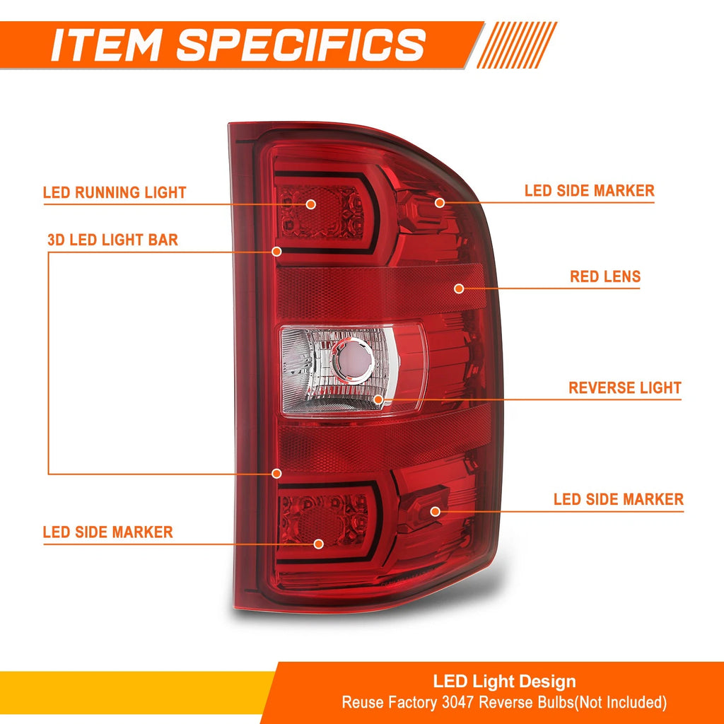 Chrome/Red LED Tail Brake Lights for Sierra Silverado 1500-3500 (2007–2014)