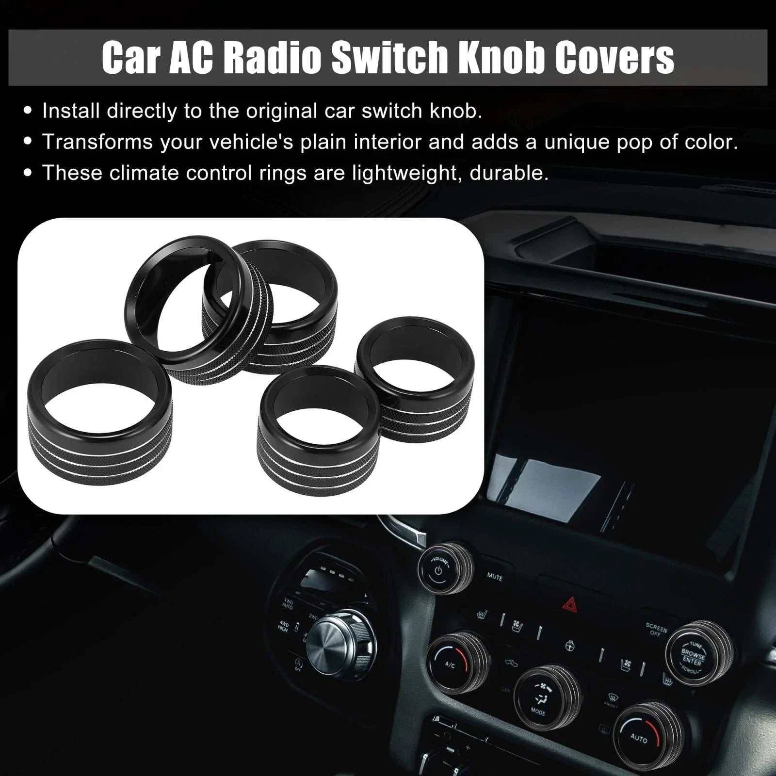 5 x Black AC Radio Switch Knob Covers for Dodge Ram 1500 (2018-2020)