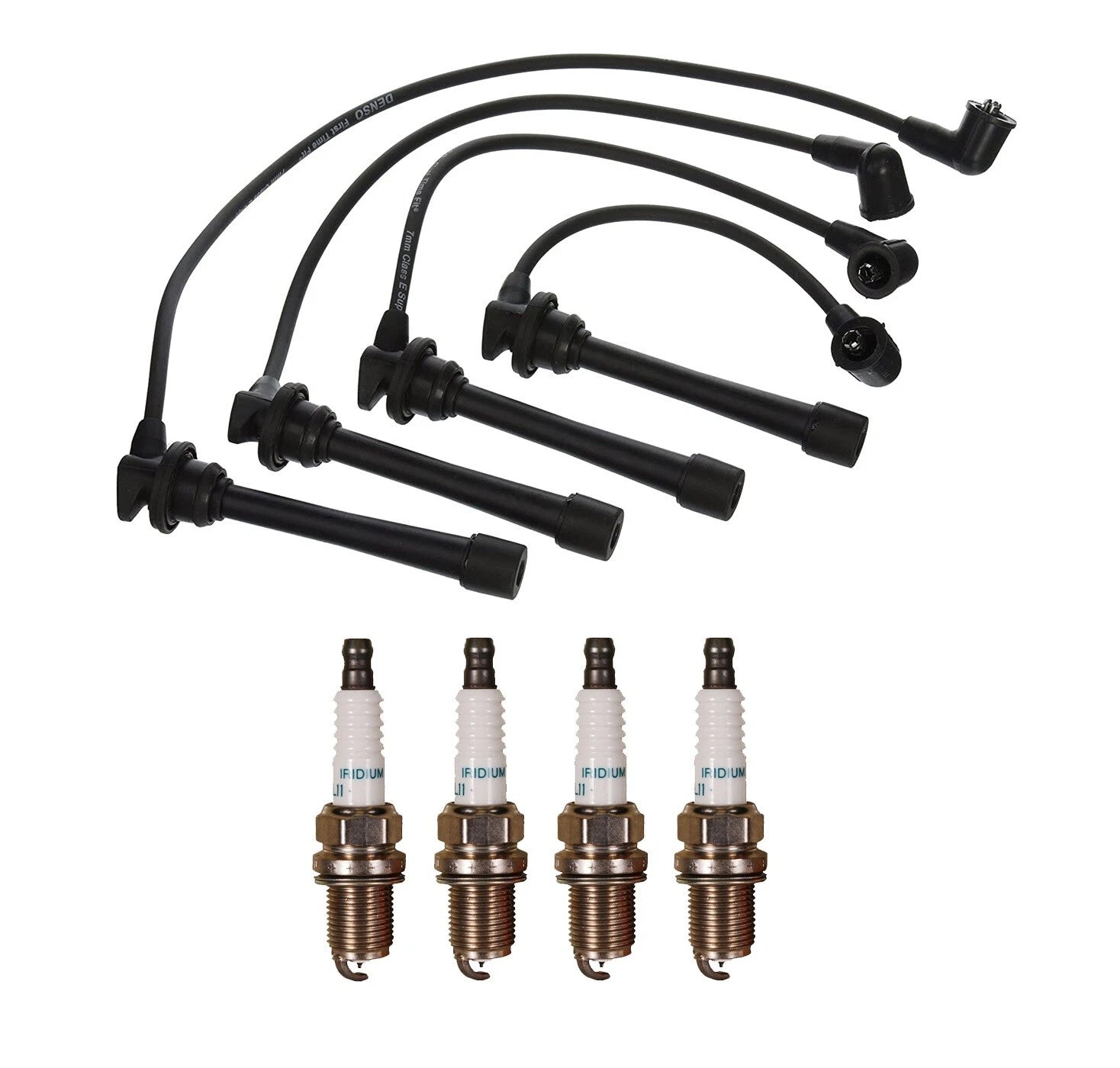 Denso 7mm Wire Set & 4 Iridium Spark Plugs for Kia Spectra (2000–2009)
