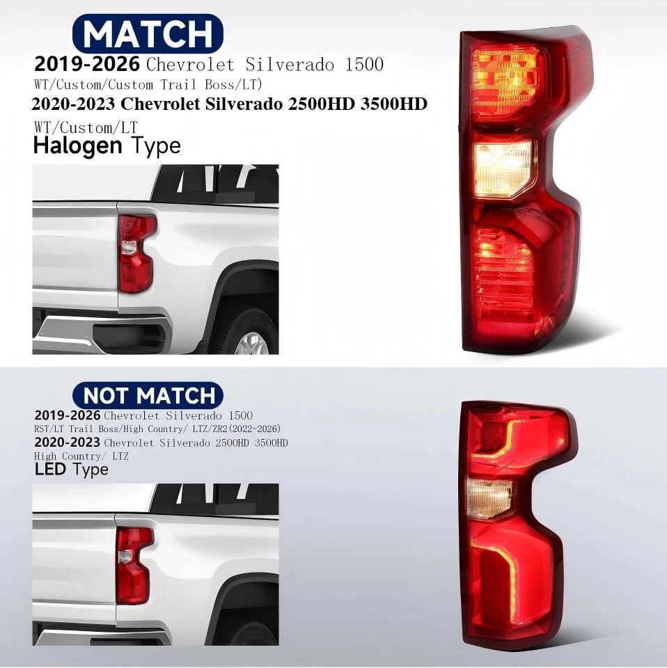 Halogen Tail Light Brake Lamp Left+Right Pair for Chevy Silverado 1500 (2019–2026)