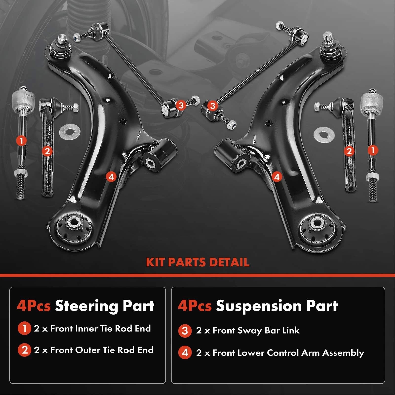 8x Front Control Arm, Sway Bar, Tie Rod & Ball Joint for Nissan Cube (2009–2014)