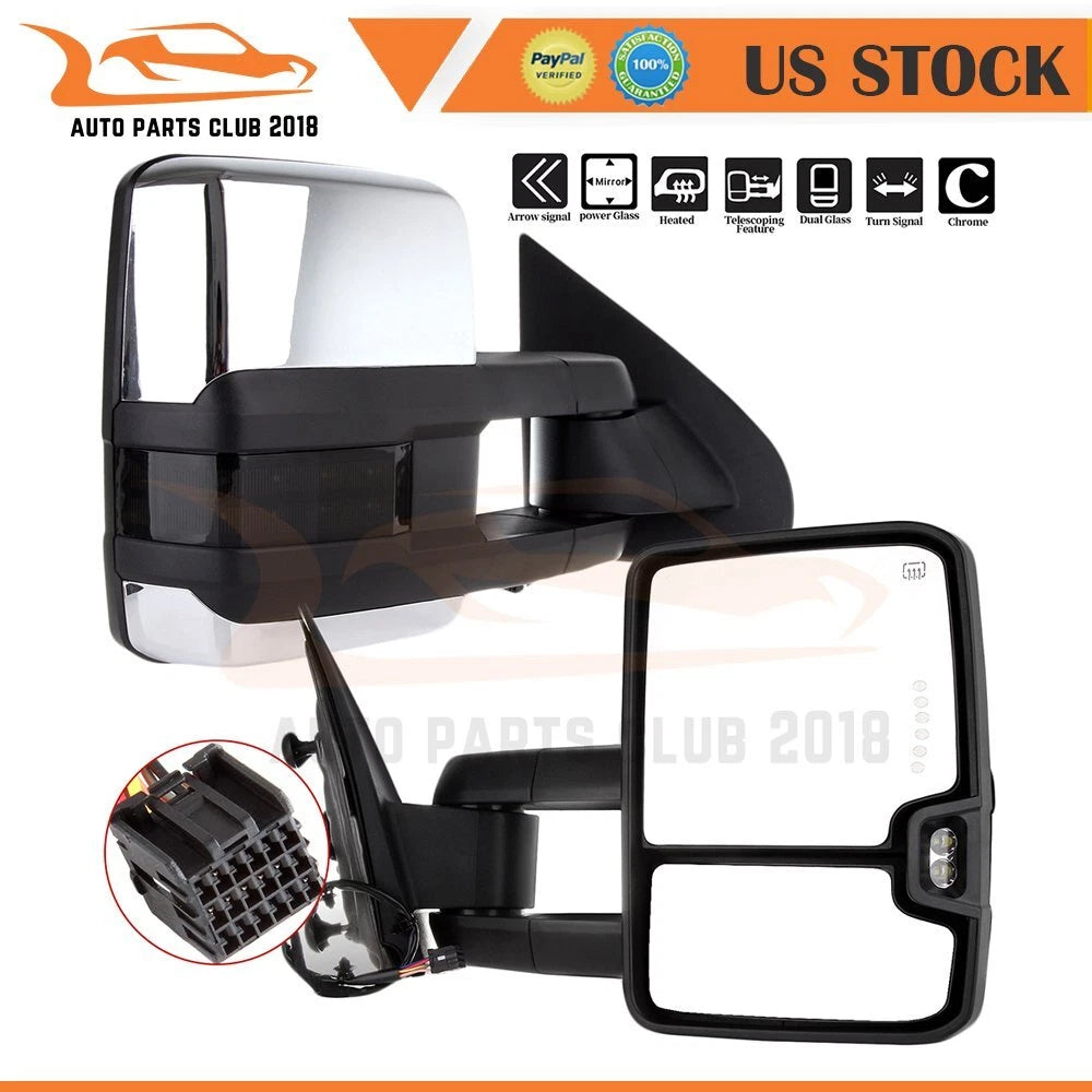 Pair of Power Signal Heated Chrome Tow Mirrors for Silverado GMC Sierra (2014–2018)