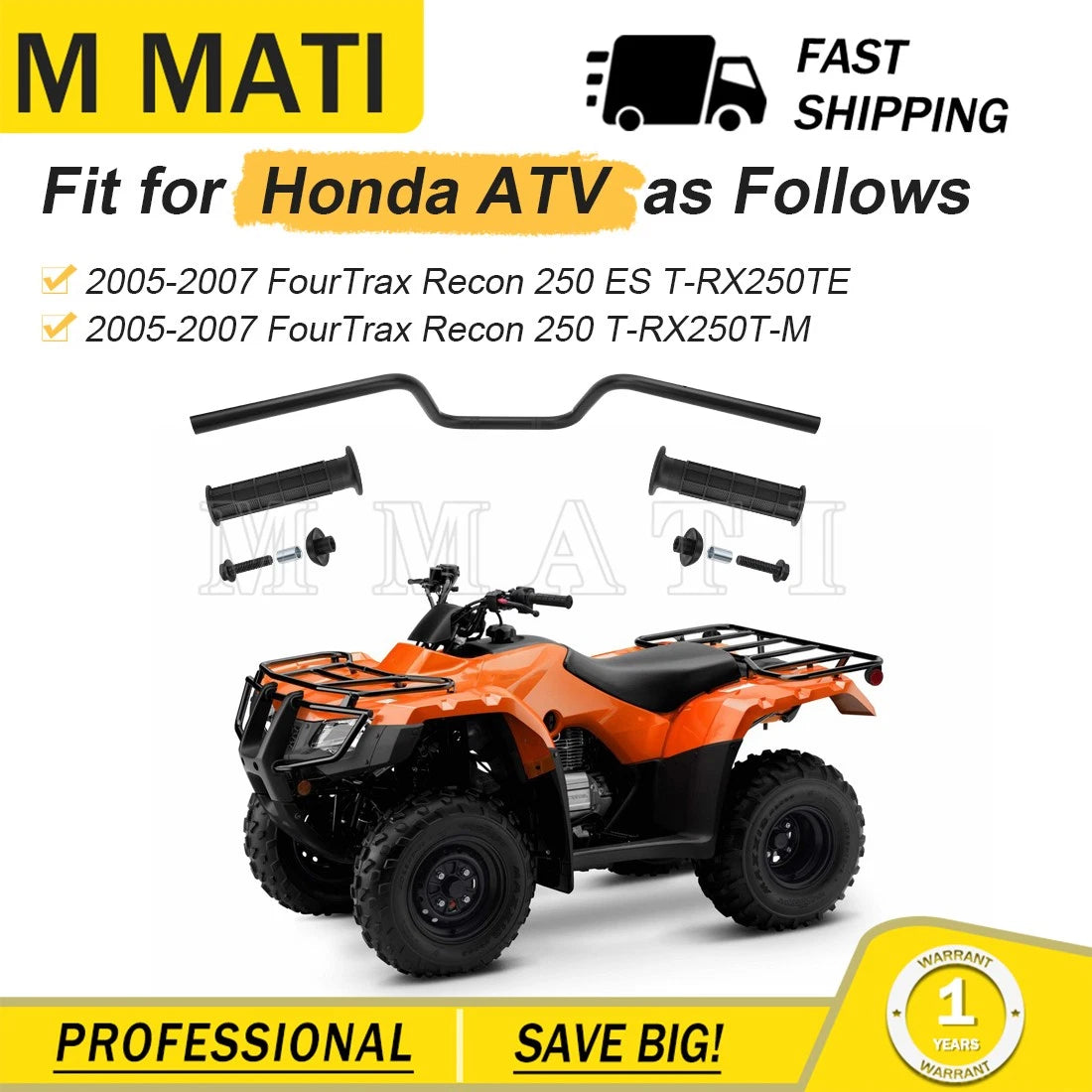 Handlebar w/Grips Kit for Honda Recon 250 TRX250 (2005–2007) 53100-HM8-B00