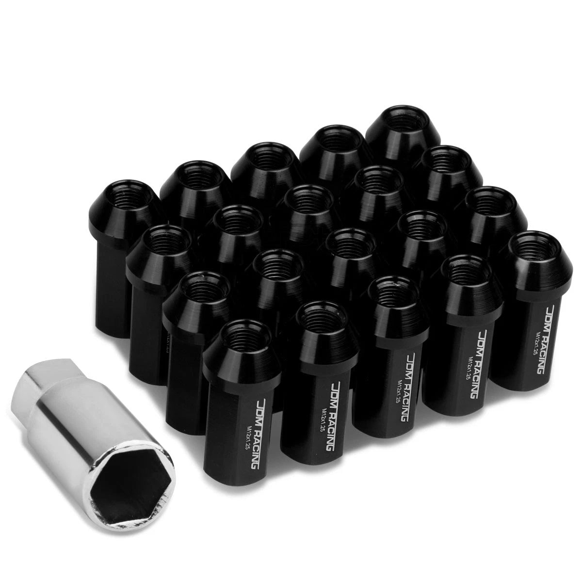 20 PCS Closed End M12x1.25 50mm Tall Black Aluminum Lug Nuts + Adapter