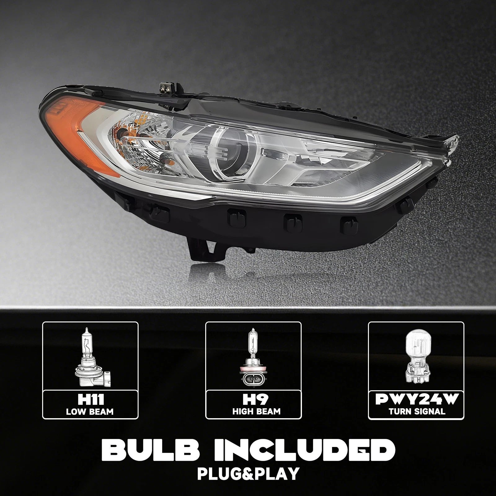 Halogen Headlight for Ford Fusion (2017–2020) w/ bulbs, Passenger Right