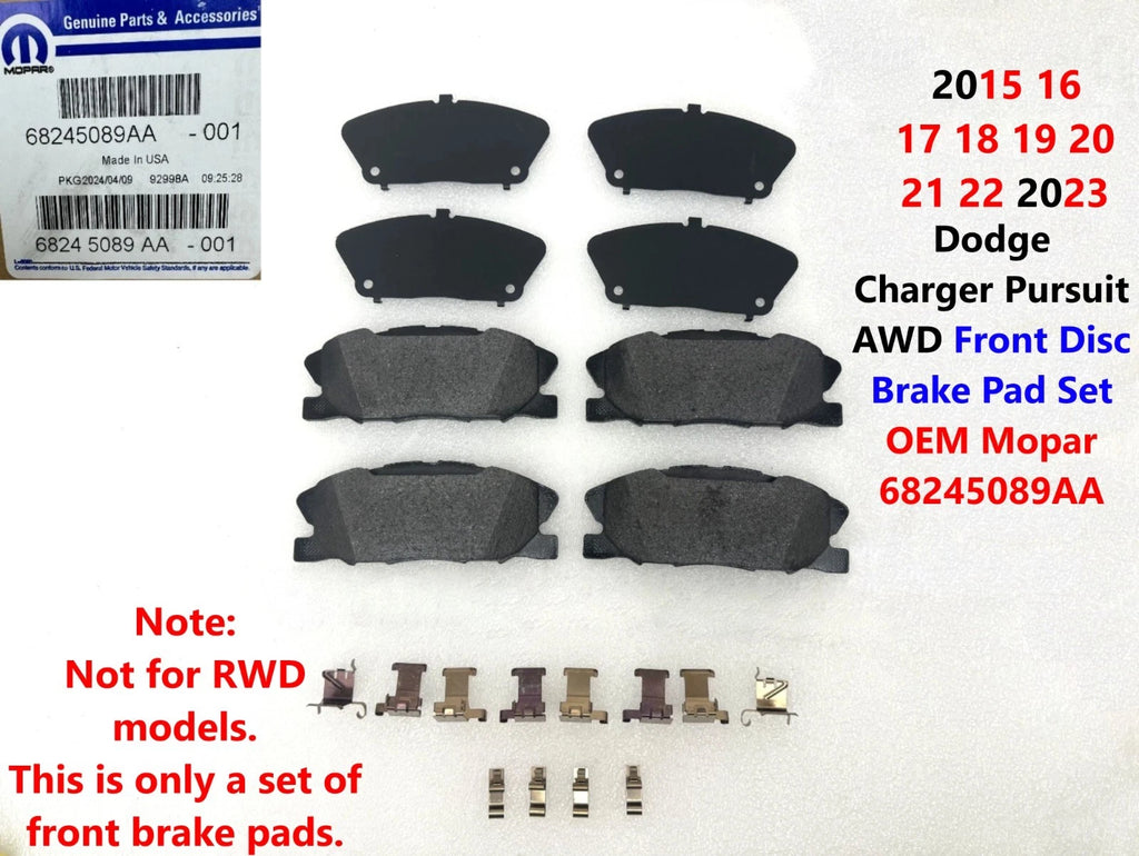 Set of 4 Front Disc Brake Pads for Dodge Charger Pursuit AWD (2015–2023) 68245089AA