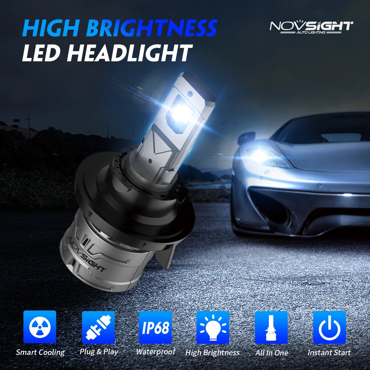 H13/9008 LED Headlight Bulbs Kit for Novsight (6500K, 60W)