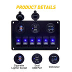 6 Gang Switch Panel with USB Voltmeter for Car Boat RV Truck (12V)