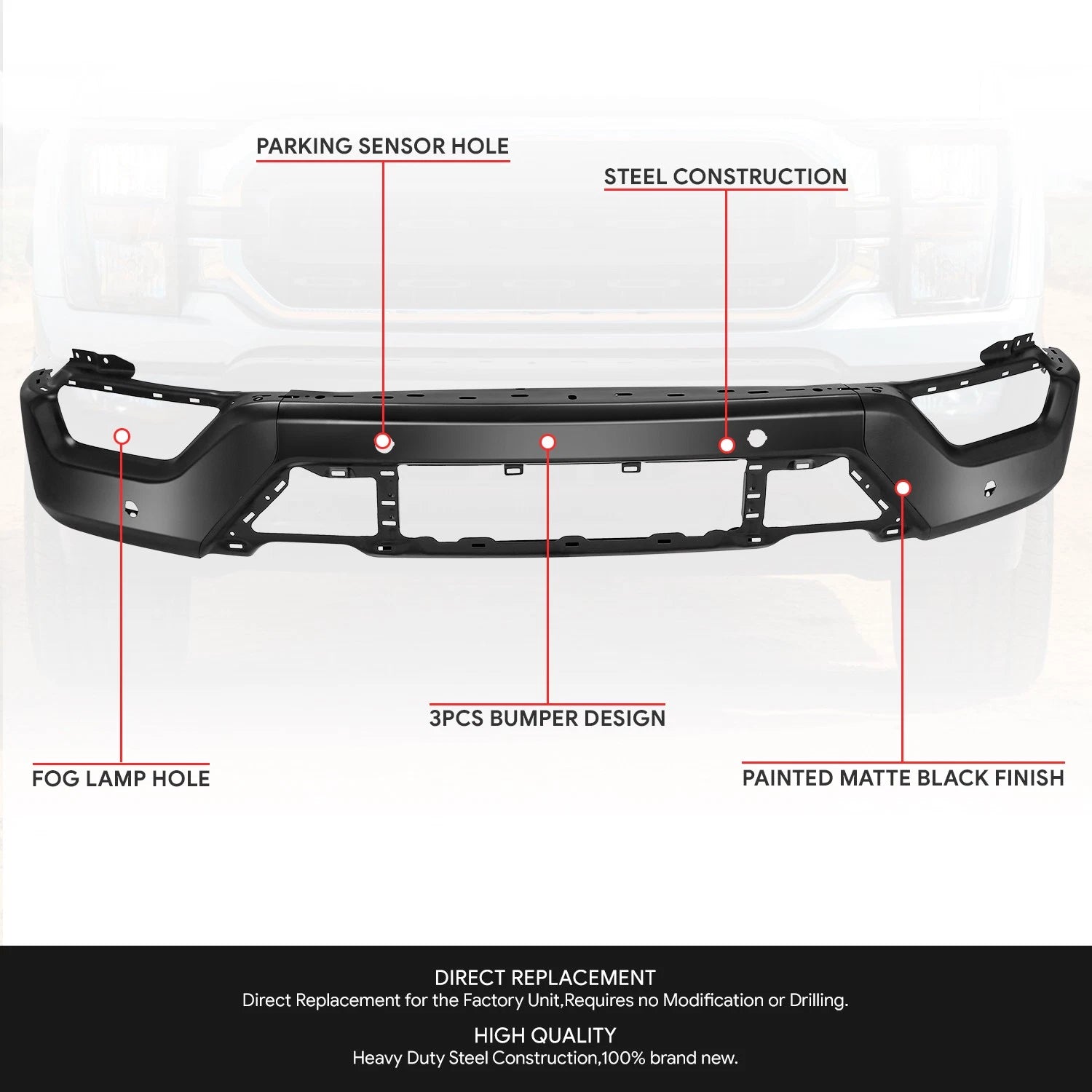 Front Bumper Face Bar for Ford F-150 (2021–2023) w/ Park Assist Holes