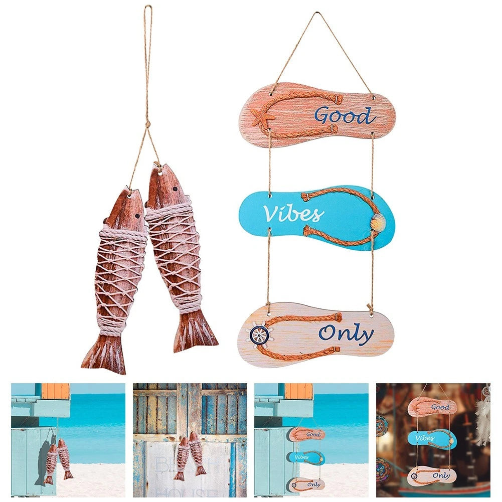 Hanging Wooden Flip Flops and Fish Decorations for Seaside Home Decor