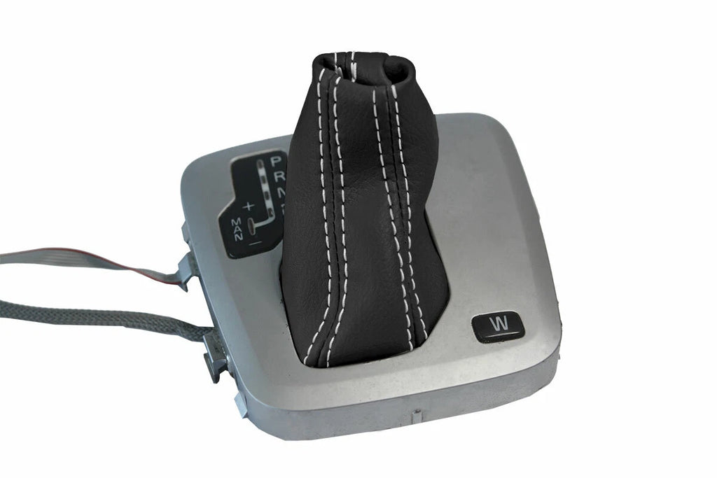 Leather Automatic Shift Boot Cover for Volvo XC90 (2003–2014) Black White Stitch