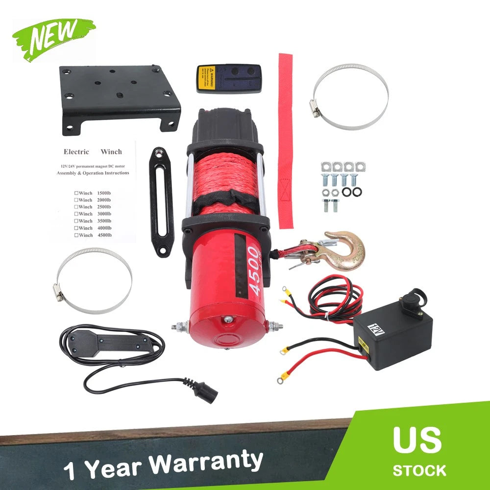 Electric Winch 4500lbs for Off-Road Vehicles (12VDC, Synthetic Rope)