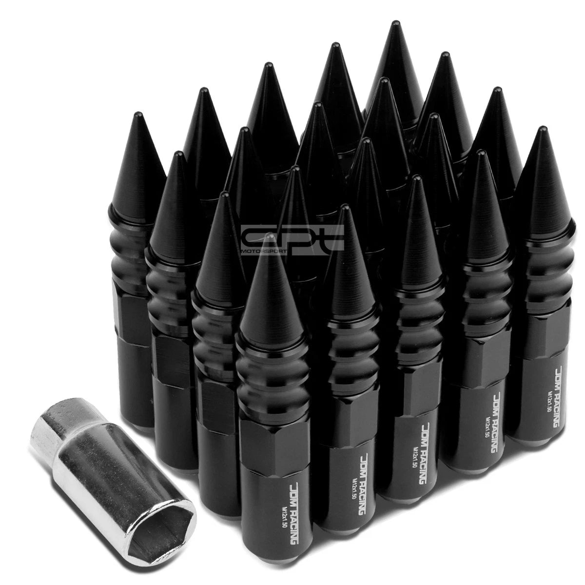 20x M12x1.5 107mm Tall Black Aluminum Spiked Cap Lug Nuts + Adapter