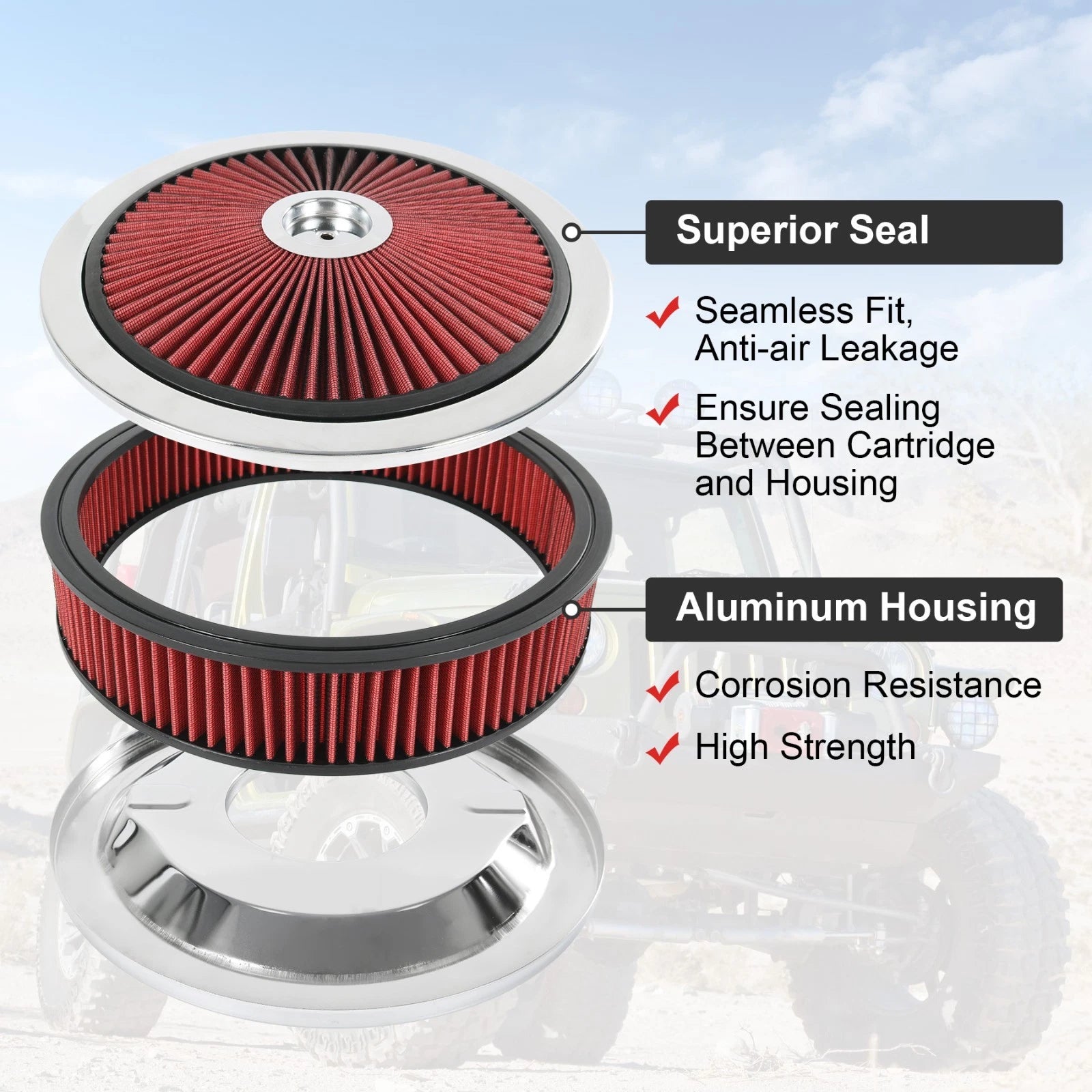 14" Round High Flow Washable Air Cleaner with Chrome Lid for SBC BBC