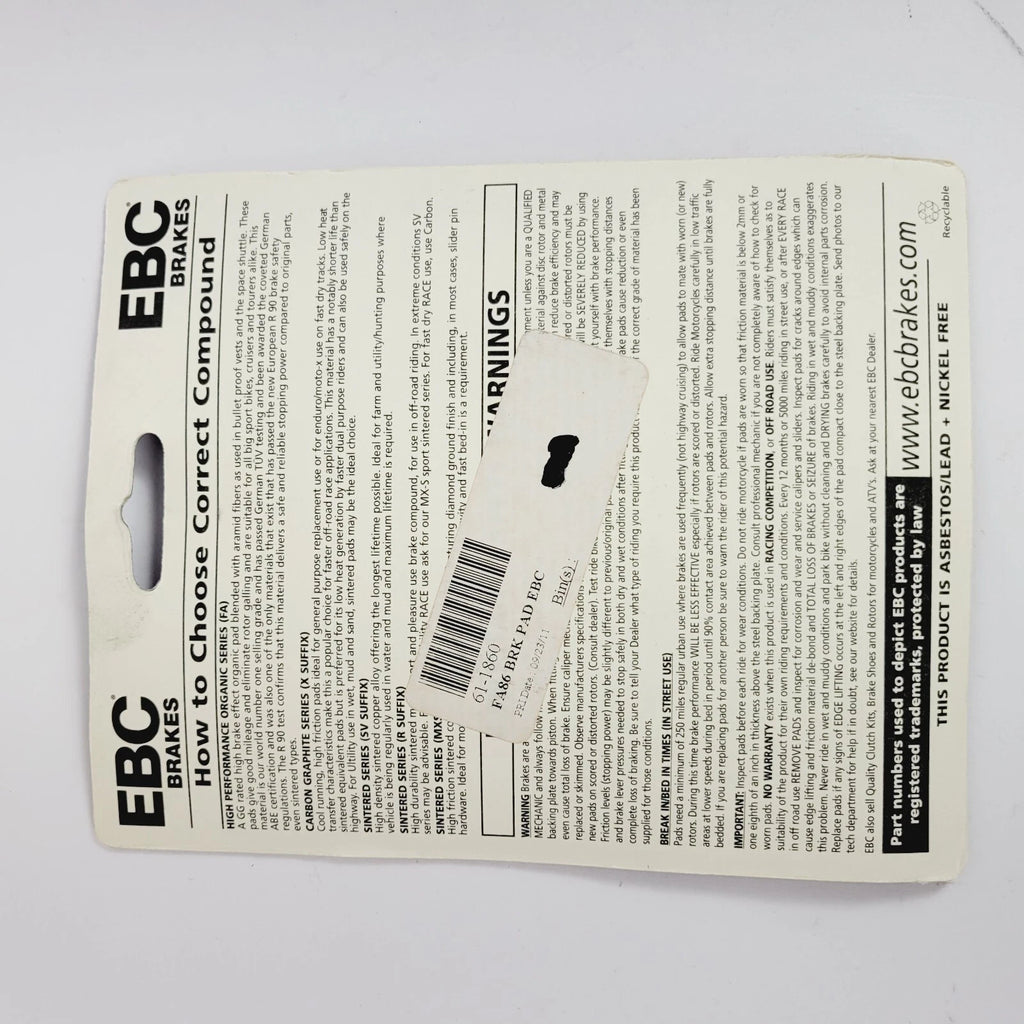EBC Organic Brake Pads for Hyosung ATK Honda (FA86 61-1860 15-86 160722)
