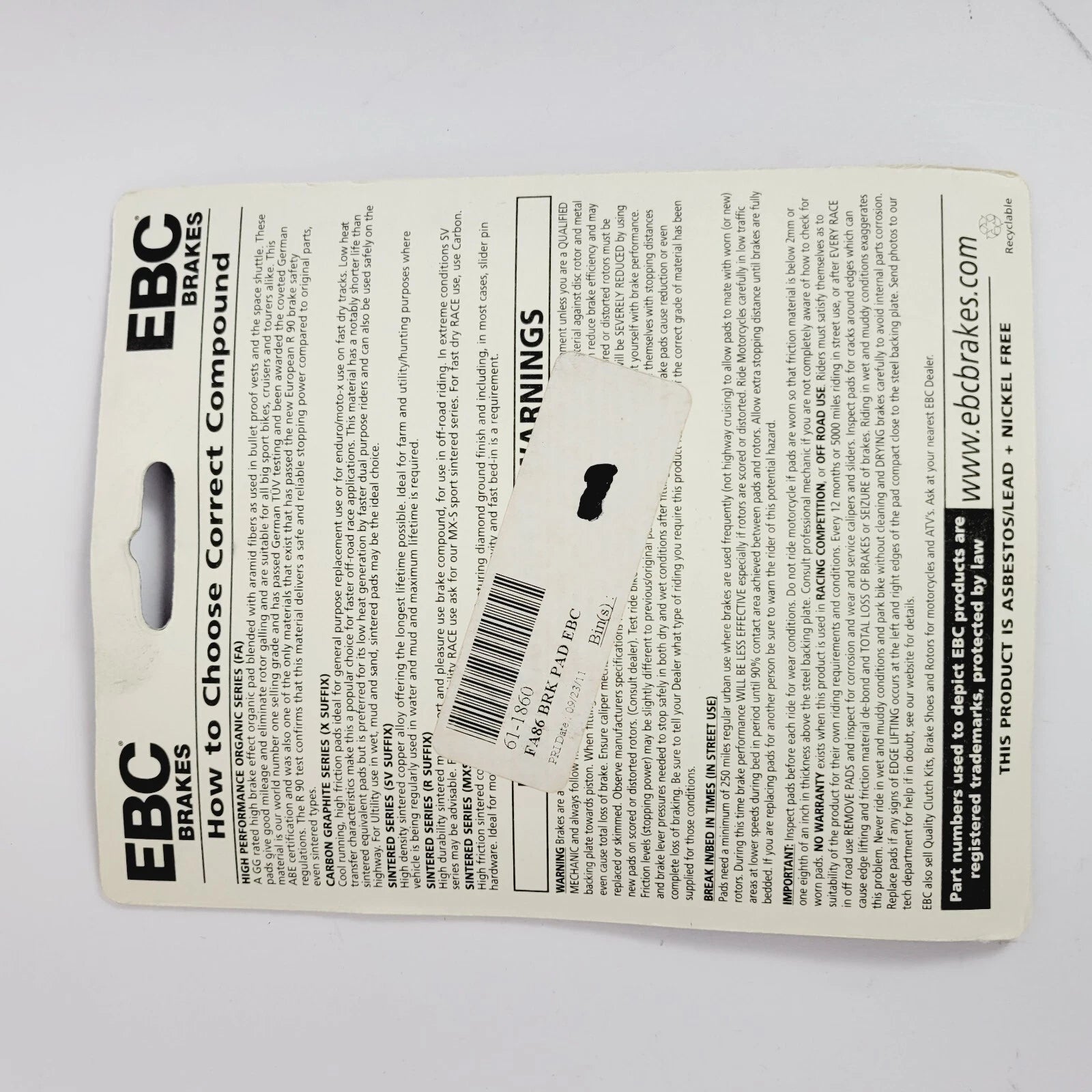 EBC Organic Brake Pads for Hyosung ATK Honda (FA86 61-1860 15-86 160722)