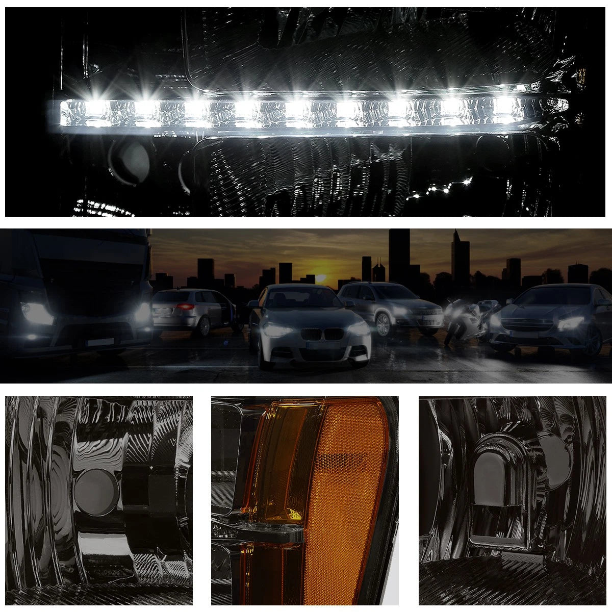 LED DRL Smoked Lens Amber Side Corner Headlight/Lamp Pair for GMC Sierra (2007–2014)