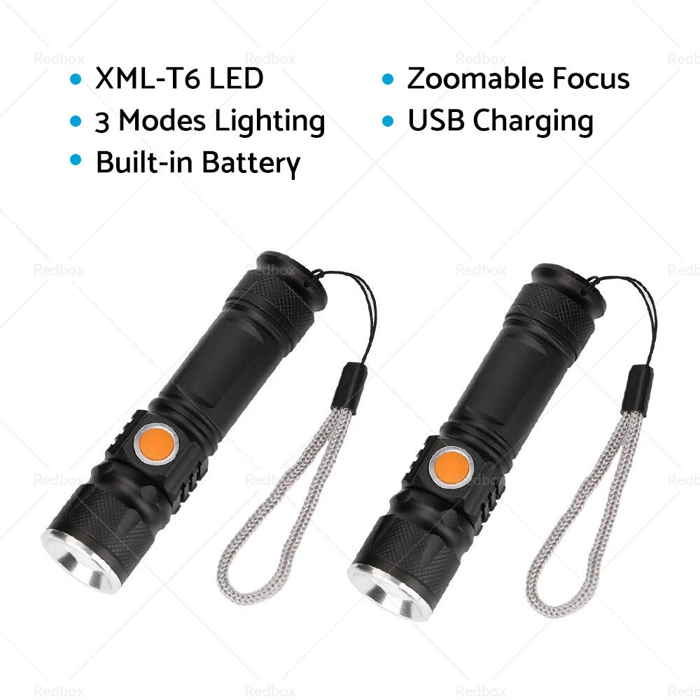 2X USB Rechargeable LED Flashlight Waterproof Torch