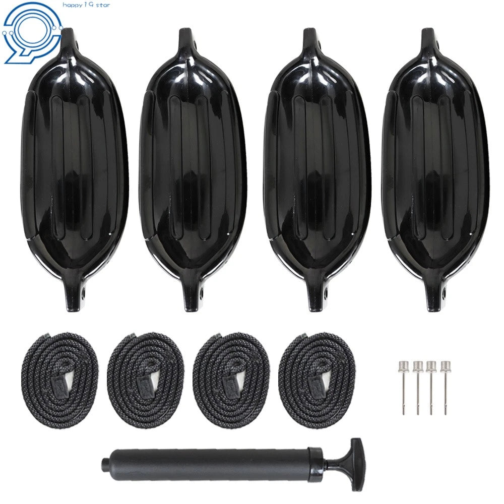 Set of 4 Black Ribbed Marine Boat Fenders 6.5" x 23"