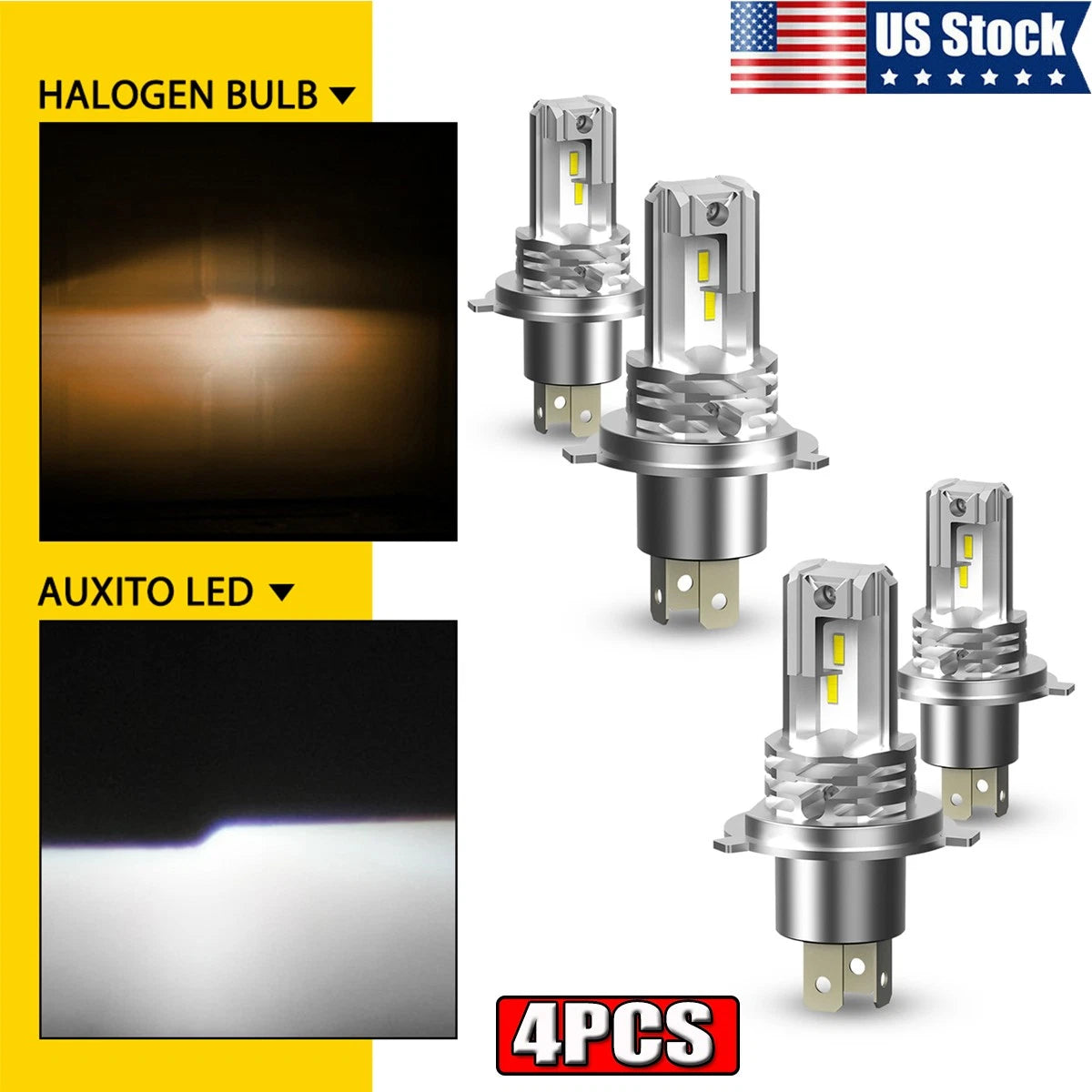 Set of 4 H4 9003 LED Headlight Bulbs for High Low Beam (6500K)