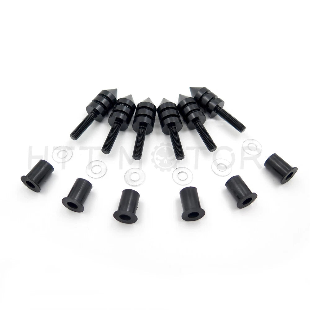 6 pcs Spike Windscreen Bolt Kit for Universal Motorcycles (Aluminum, Black Chrome)