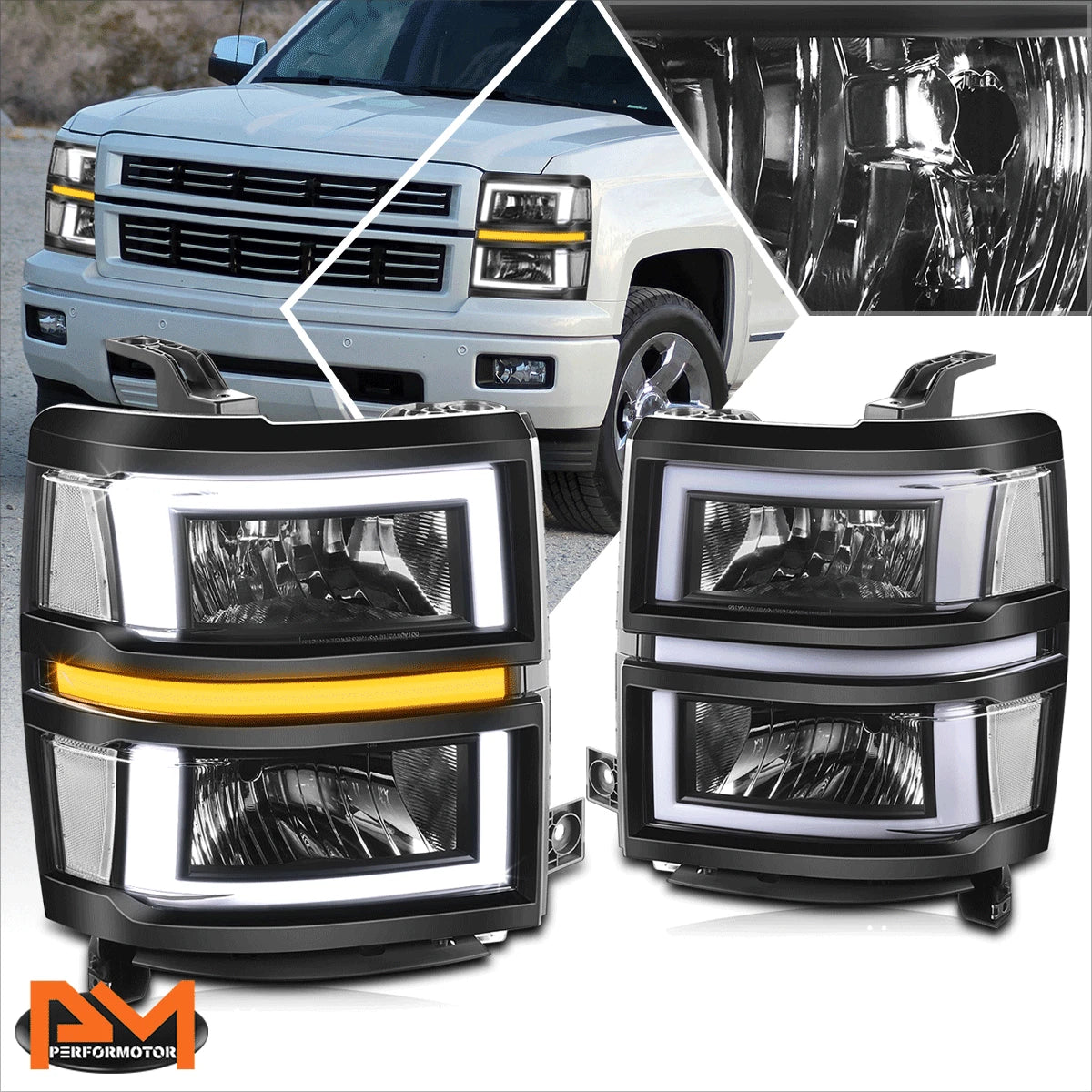 Square LED DRL Sequential Turn Headlights for Silverado 1500 (2014–2015)