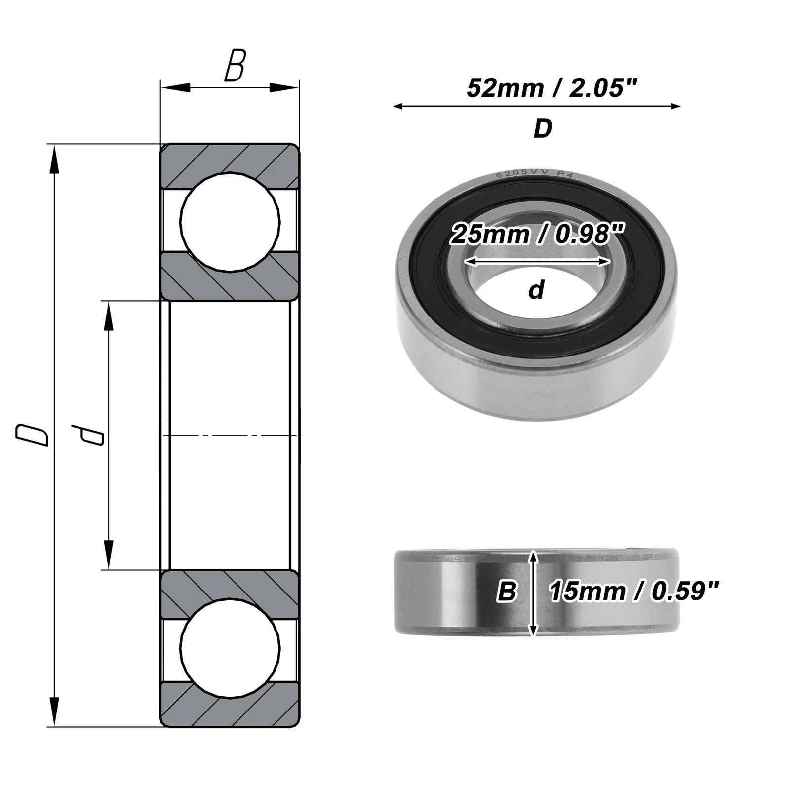 6205VV Deep Groove Ball Bearing for Various Models (25x52x15mm)