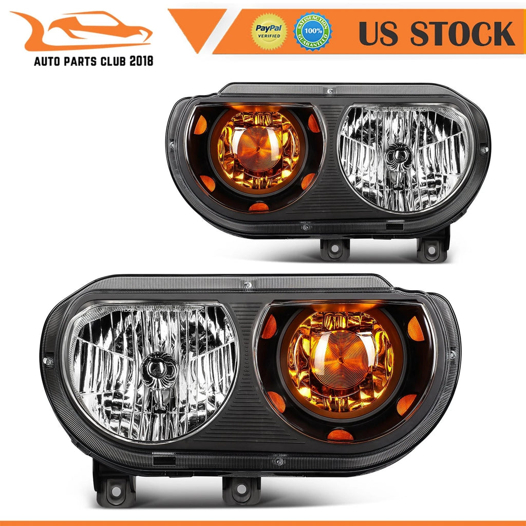 Headlight Assembly Set of 2 for Dodge Challenger (2008–2014) Black Housing Clear Lens